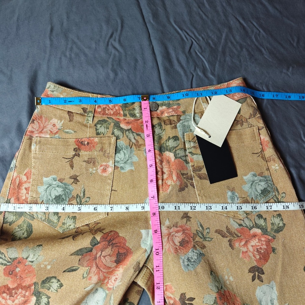 Flamingals Khaki Floral Rose Print High Rise Straight Leg Cropped Pants Small - Picture 7 of 10